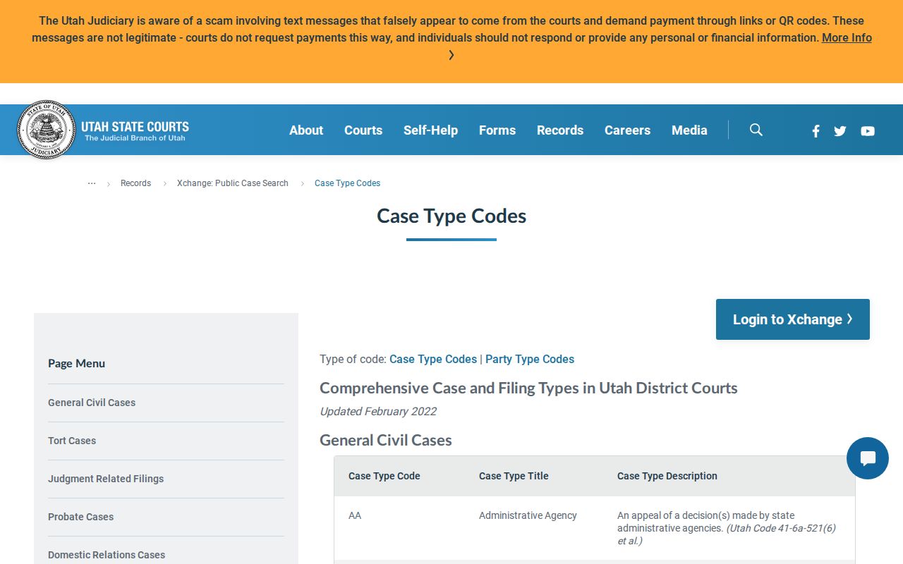 Official Utah XChange case type codes for Kane County docket searches
