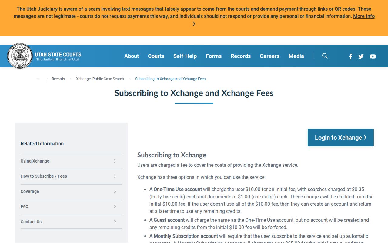 Utah XChange public docket search and subscription fees