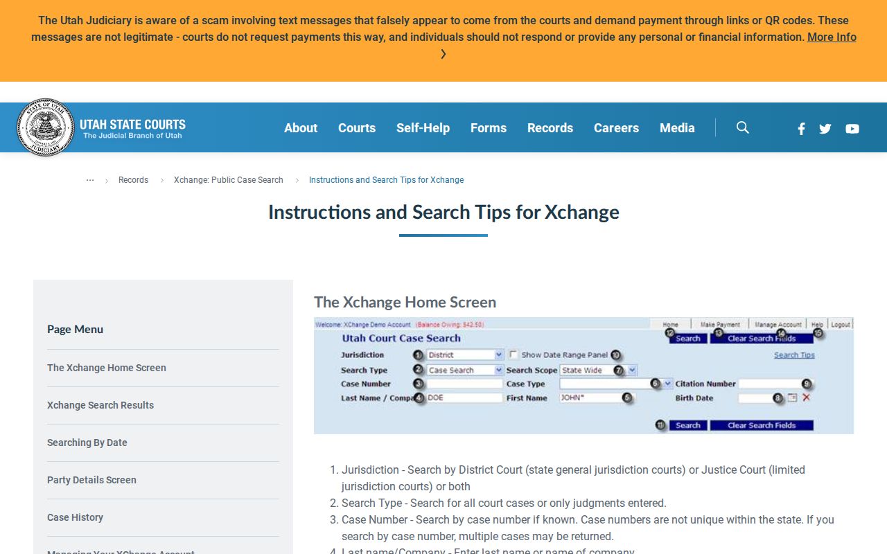 Utah XChange public search help fields used for Kane County cases