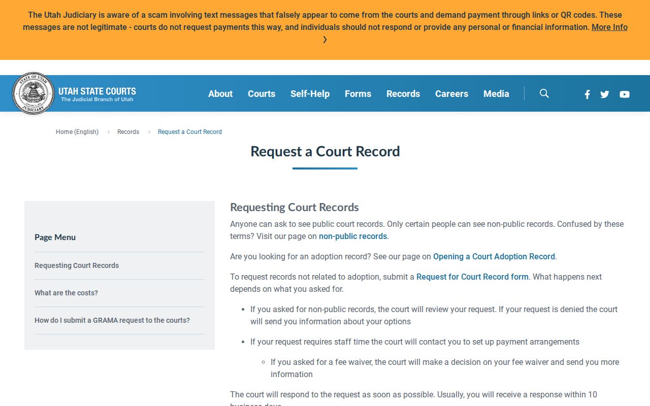 Kane County court record search and Utah request instructions