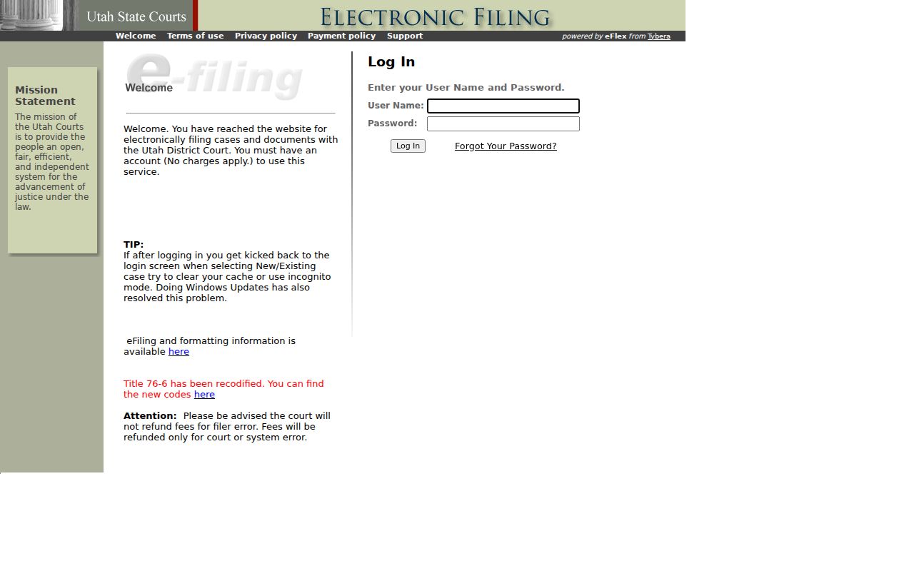 Utah Courts eFiling login used for district civil filings